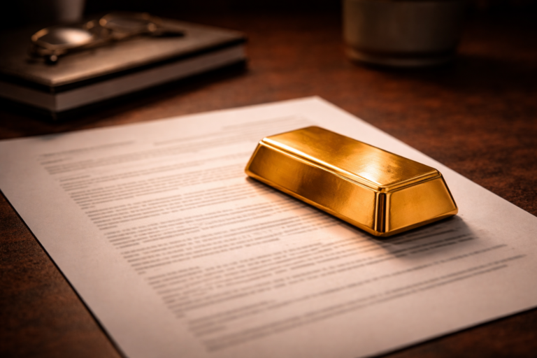 Goldbarren auf einem Dokument auf Schreibtisch — Entgeltumwandlung in physisches Gold