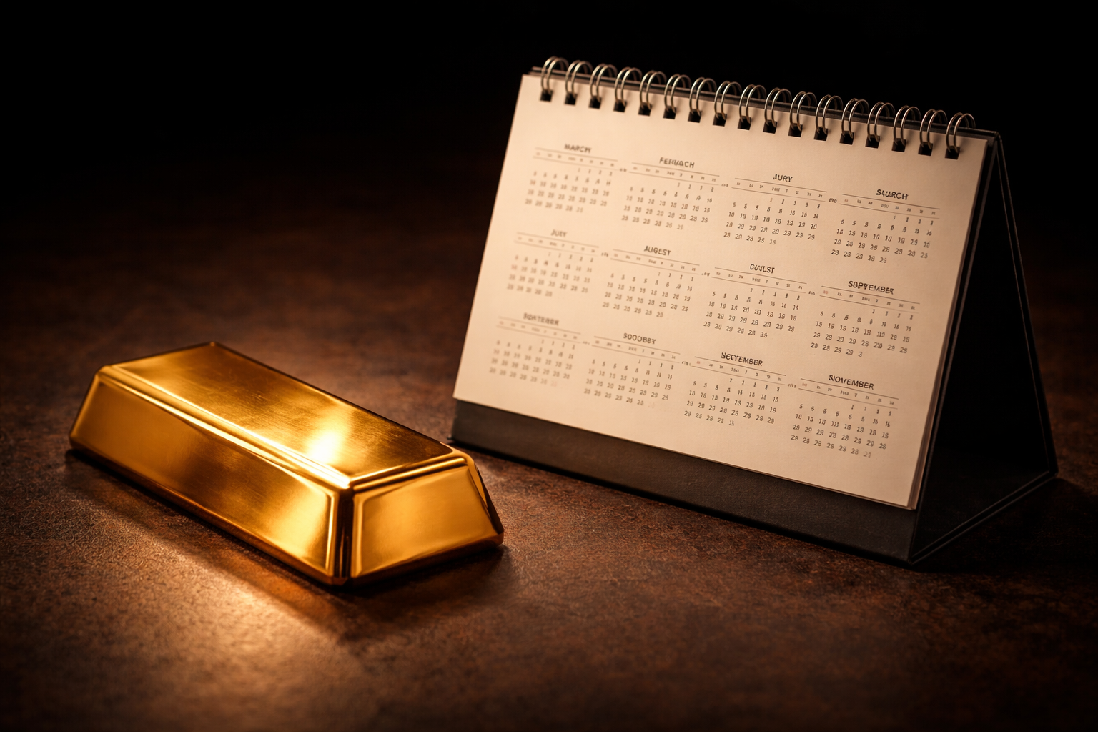 Goldbarren neben Jahreskalender — 12-Monats-Haltefrist für steuerfreien Goldverkauf
