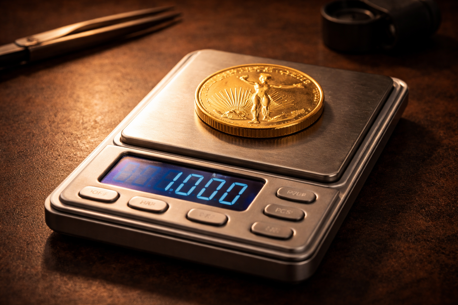 Goldmünze auf Präzisionswaage — Spread und Aufgeld bei Goldmünzen verstehen