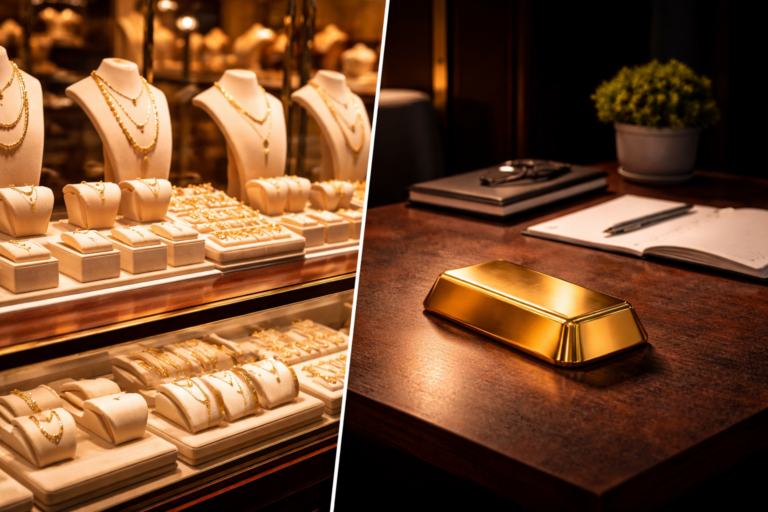 Vergleich Juwelier-Vitrine und Beratungstisch mit Goldbarren — Edelmetallvermittlung vs. Edelmetallhandel
